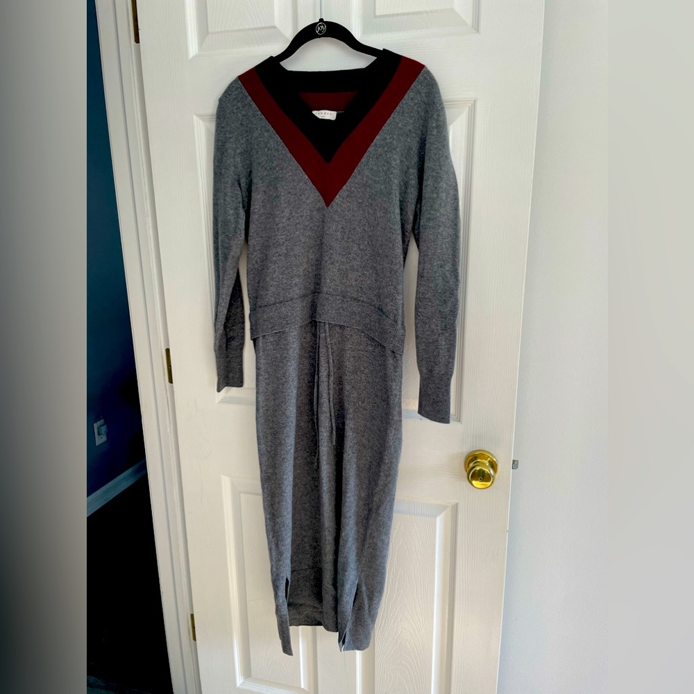 Sandro Paris sweater dress, 95% wool, 5% cashmere, tie waistband, size 34.